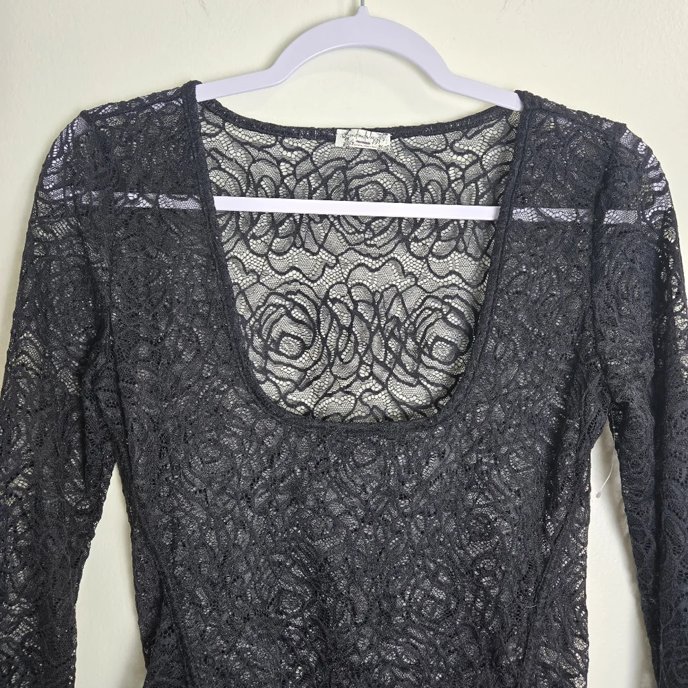 Free People Intimately Floral Lace Square Neck‎ Chic Black Sheer Bodysuit S